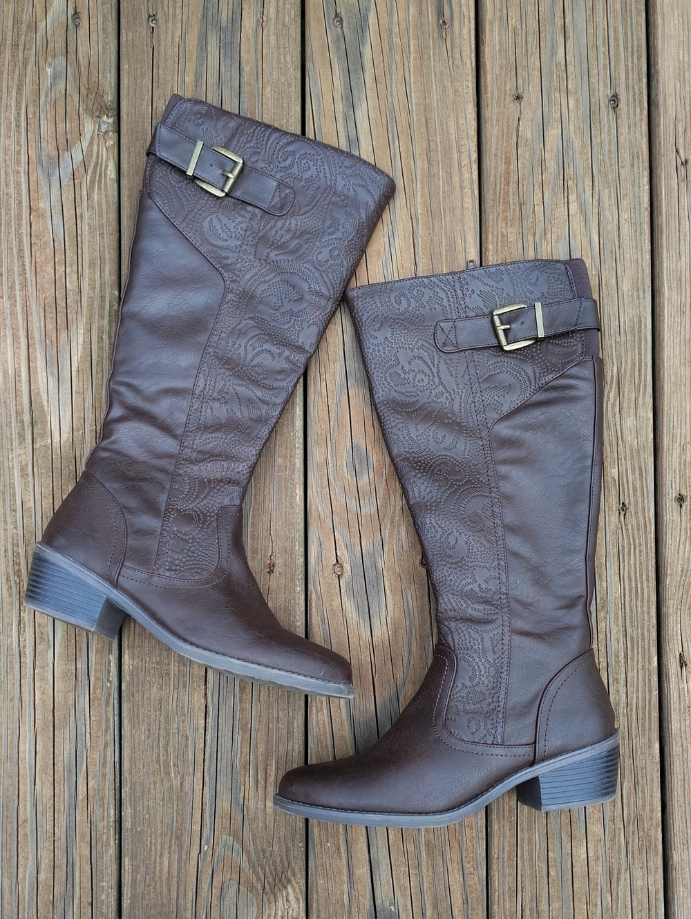 Easy Street Brown Arwen Plus Paisley Embossed Riding Boots with Buckles Size 8.5